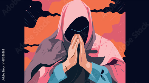 Mysterious hooded figure with hands together against abstract background flat vector illustration