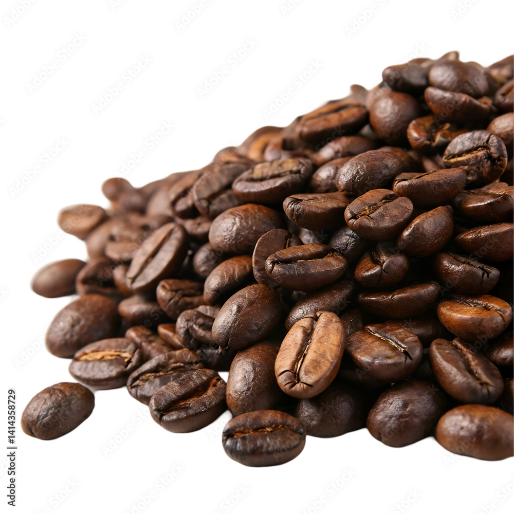 Fototapeta premium Pile of coffee beans isolated on transparent background for food packaging and advertising