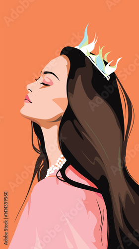 Young asian female with crown and long hair against orange background flat vector illustration