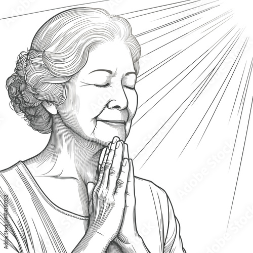 Elderly woman meditating with hands clasped against radiant light. Senior woman praying  
