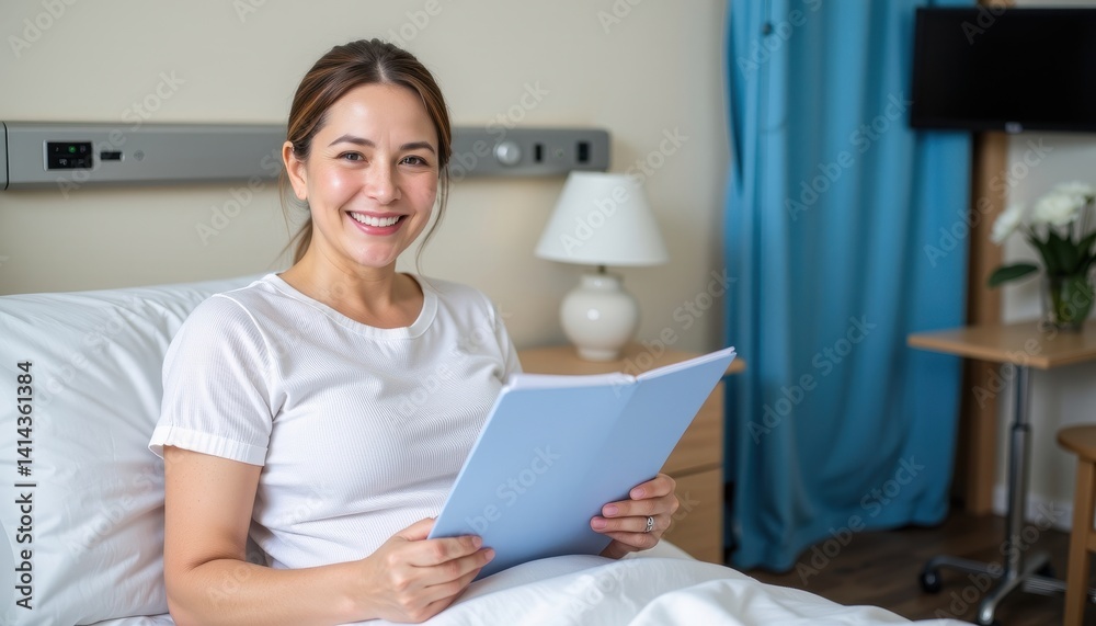 Smiling woman in a hospital bed, reading a blue folder, exuding positivity and comfort. Smiling woman in a hospital bed, reading a blue folder, exuding positivity and comfort.