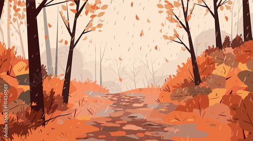 Tranquil autumn pathway with falling leaves in a serene forest setting flat vector illustration