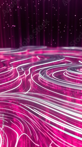 Abstract dark holographic iridescent neon background fluid liquid glass curved wave in motion 3D render modern glowing neon wave line pattern futuristic design