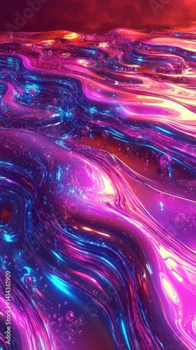 Abstract dark holographic iridescent neon background fluid liquid glass curved wave in motion 3D render modern glowing neon wave line pattern futuristic design