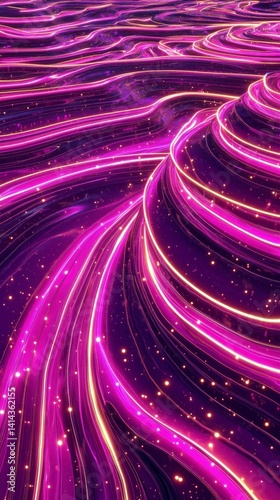 Abstract dark holographic iridescent neon background fluid liquid glass curved wave in motion 3D render modern glowing neon wave line pattern futuristic design