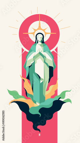 Abstract religious art: female saint with halo and flames in stylized illustration flat vector illustration
