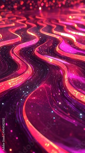 Abstract dark holographic iridescent neon background fluid liquid glass curved wave in motion 3D render modern glowing neon wave line pattern futuristic design