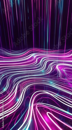 Abstract dark holographic iridescent neon background fluid liquid glass curved wave in motion 3D render modern glowing neon wave line pattern futuristic design