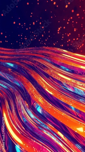 Abstract dark holographic iridescent neon background fluid liquid glass curved wave in motion 3D render modern glowing neon wave line pattern futuristic design