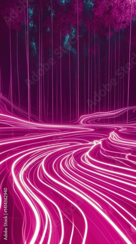 Abstract dark holographic iridescent neon background fluid liquid glass curved wave in motion 3D render modern glowing neon wave line pattern futuristic design