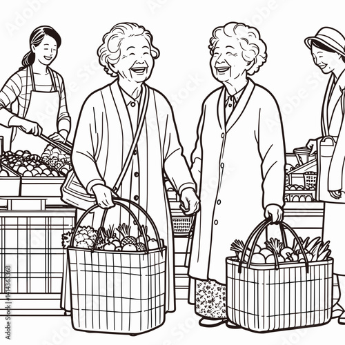 Two elderly women smiling while shopping at a market  