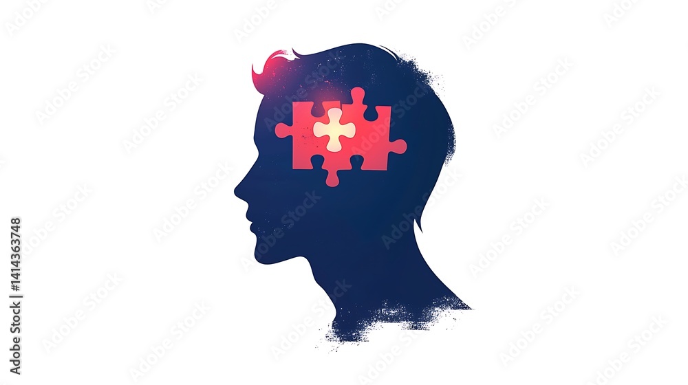 Fototapeta premium Missing piece in the mind. A silhouette of a person's head with a glowing puzzle piece within, symbolizing the quest for completeness