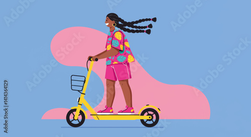 Young girl riding a scooter joyfully against a pastel background  
