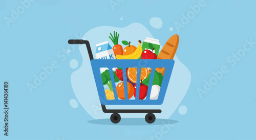 Shopping cart filled with groceries on a blue background  