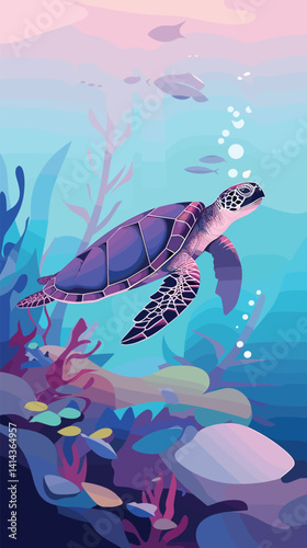 Colorful sea turtle swimming underwater among coral and seaweed flat vector illustration