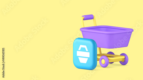 Online shopping cart buying goods purchase commercial retail copy space banner vector illustration. Shop store market supermarket internet purchasing order trolley cart web merchandise