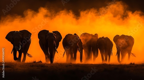 Herd of elephants walking across dry land with a bright orange background.