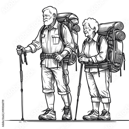 Elderly couple hiking with backpacks enjoying nature  