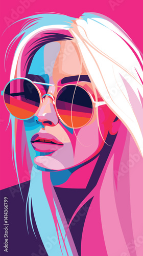 Colorful pop art portrait of young caucasian female with sunglasses flat vector illustration