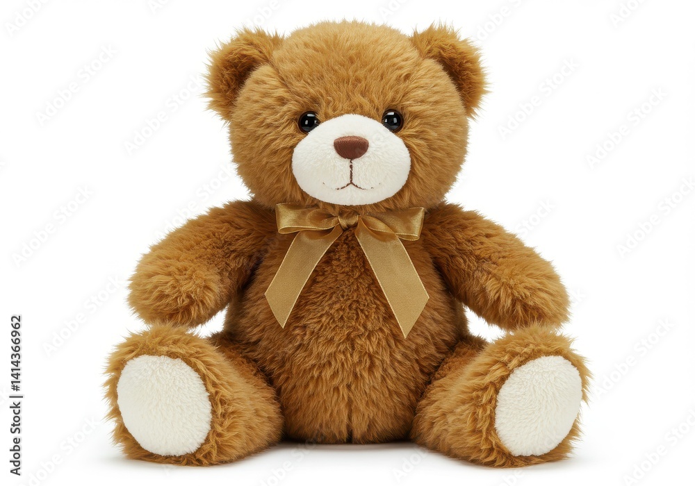 A fluffy brown teddy bear sitting upright with a golden bow tie on a plain white background studio shot A fluffy brown teddy bear sitting upright with a golden bow tie on a plain white background studio shot