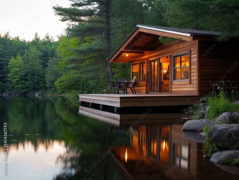 Cabin on a lake at sunset