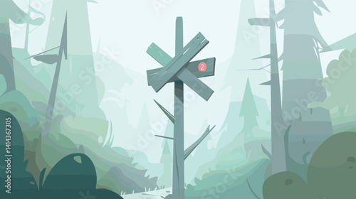 Mystical forest with wooden signpost and misty greenery flat vector illustration