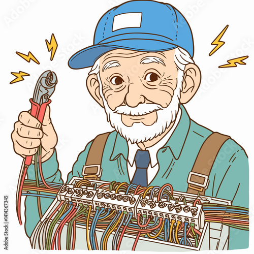 Elderly electrician smiling while holding pliers in a colorful workshop  