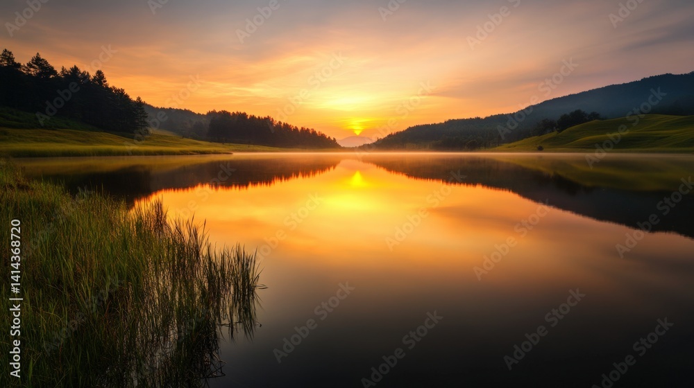 Fototapeta premium sunrise at lake with reflection in water