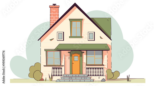 Charming vintage house with green roof and brick chimney flat vector illustration