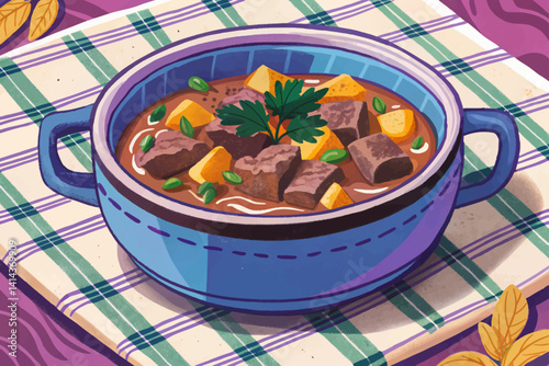 Traditional goulash meat in ceramic bowl vector, Hungary food, cartoon design Flat style vector illustration