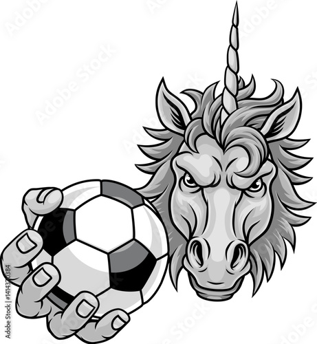 Unicorn horse stallion soccer football angry sports team mascot holding a ball.