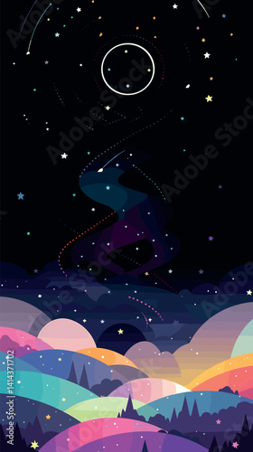 Surreal night sky with colorful abstract landscape and stars flat vector illustration