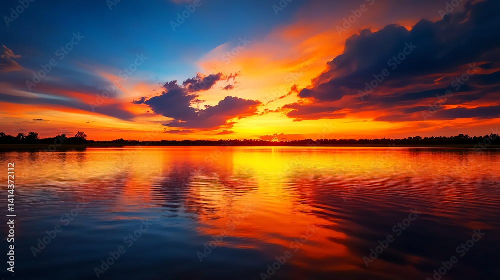 A breathtaking sunset reflecting over a tranquil lake, with vibrant hues of orange, blue, and purple filling the sky A breathtaking sunset reflecting over a tranquil lake, with vibrant hues of orange, blue, and purple filling the sky