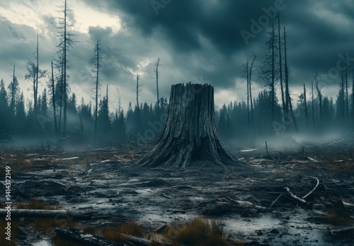 Stump in a Gloomy Forest Surrounded by Fog and Dead Trees