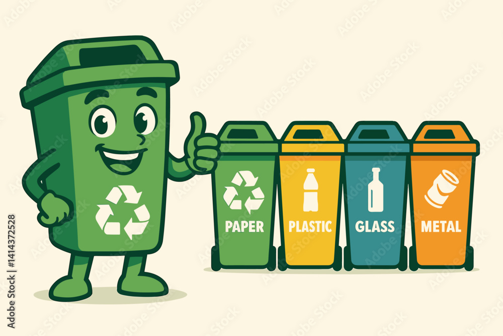 Eco-friendly concept featuring a flat design and a cheerful mascot that promotes proper waste separation