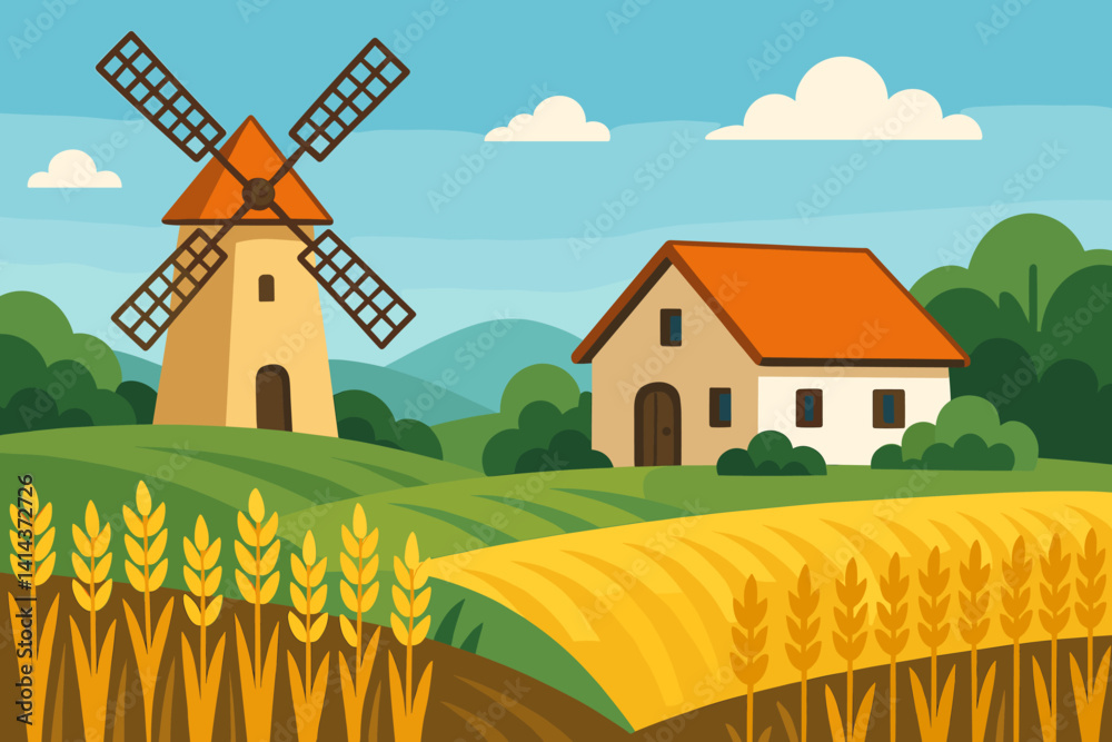 Flat rural scene highlighting agriculture and a classic windmill