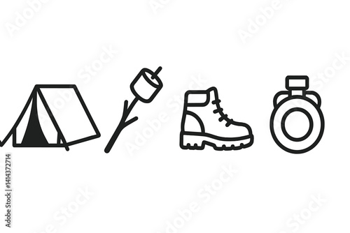 Icons for camping that show necessary equipment in a flat design style