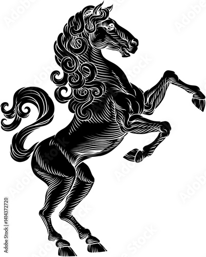 A heraldry coat of arms crest style rearing heraldic horse standing on hind legs in a vintage style