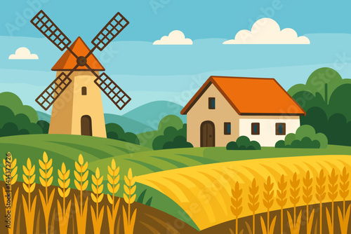 Obraz na płótnie Flat rural scene highlighting agriculture and a classic windmill w salonie