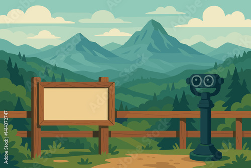 Flat travel scene showing a viewpoint on a mountain trail