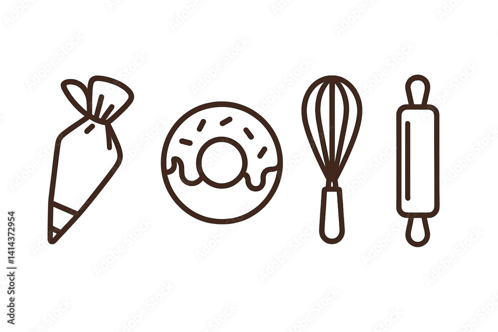 Icons of baking depicted in a flat style with various tools and treats