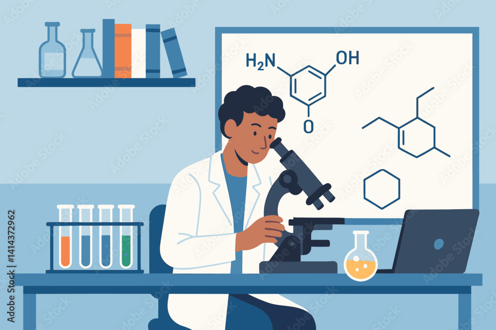 A research lab equipped with a scientist and various chemical equipment in operation A research lab equipped with a scientist and various chemical equipment in operation