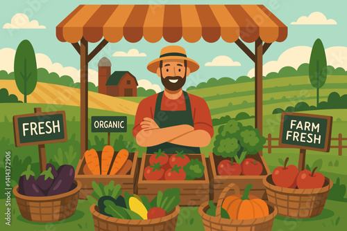 A countryside market stall with baskets of fresh produce and a seller
