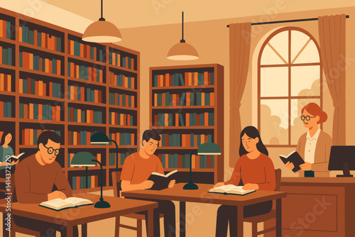A library features a peaceful reading area with bookshelves, people reading, and sunlight