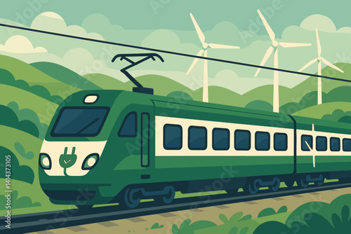 The scene of sustainable transport is depicted as flat and emphasizes the use of clean energy