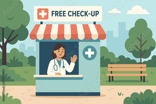 Flat health awareness scene with on-site medical services