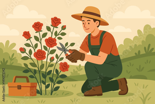 A gardener is seen trimming roses in a well-manicured yard with a flat landscape