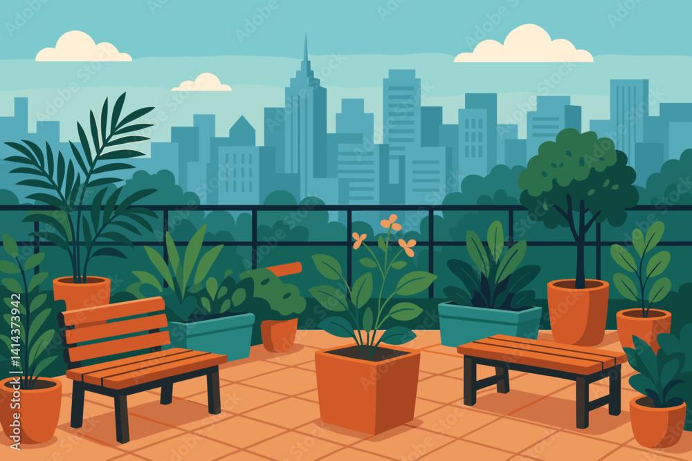 Naklejka premium Flat green living scene showcasing plants on a city rooftop