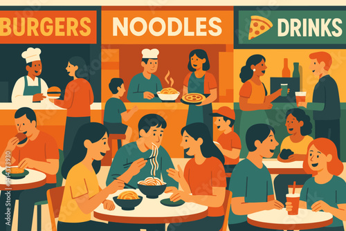 A vibrant and flat scene displays a diverse range of culinary options in a single location