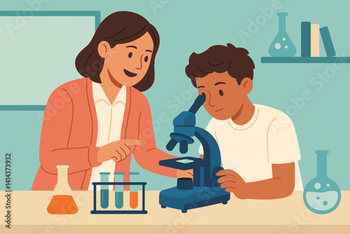 Scene depicting a flat educational setting with hands-on activities in biology or chemistry